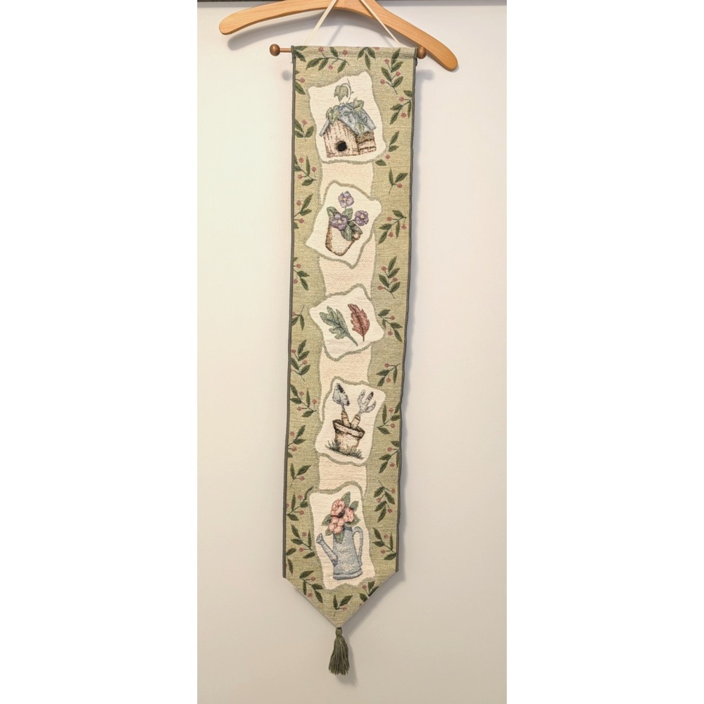 Garden Tapestry Wall Hanging Birdhouse Flowers Watering Can 44" Cottagecore Deco